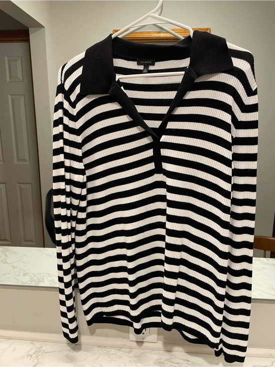 Talbots Tops - Talbots Black and White Striped Polo Ribbed Shirt